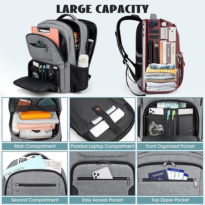 Travel Laptop Backpack, 17 Inch Extra Large Laptop Backpack with USB Charging Hole 45L Anti Theft Travel Backpack Water Resistant College Business Computer Bag Fit 17.3 Inch Laptop for Men Women Grey - Image 2