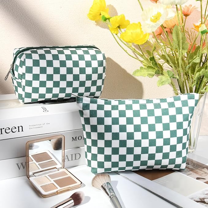 SOIDRAM 2 Pcs Checkered Makeup Bag Large Cosmetic Bag Toiletry Bag Makeup Pouch Travel Bag Organizer Cute Makeup Brushes Aesthetic Accessories Storage Bag for Women Olive Green - Image 2