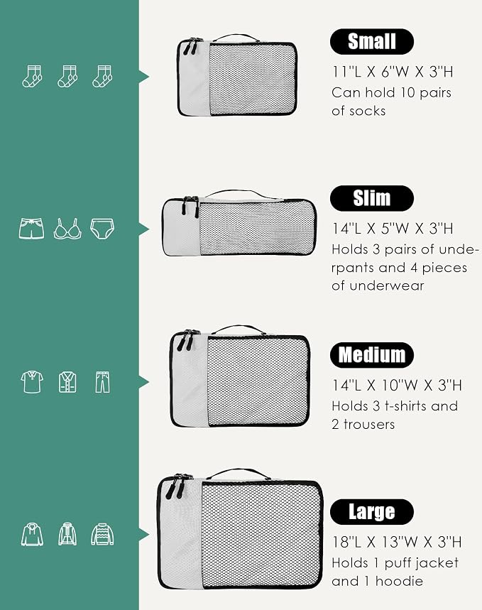 WTREE 4-Piece Packing Cubes Travel Accessories Set for Suitcases - Luggage Organizer Bags with Double Zipper - Mesh Top - Small/Medium/Large/Slim - Beige - Image 5