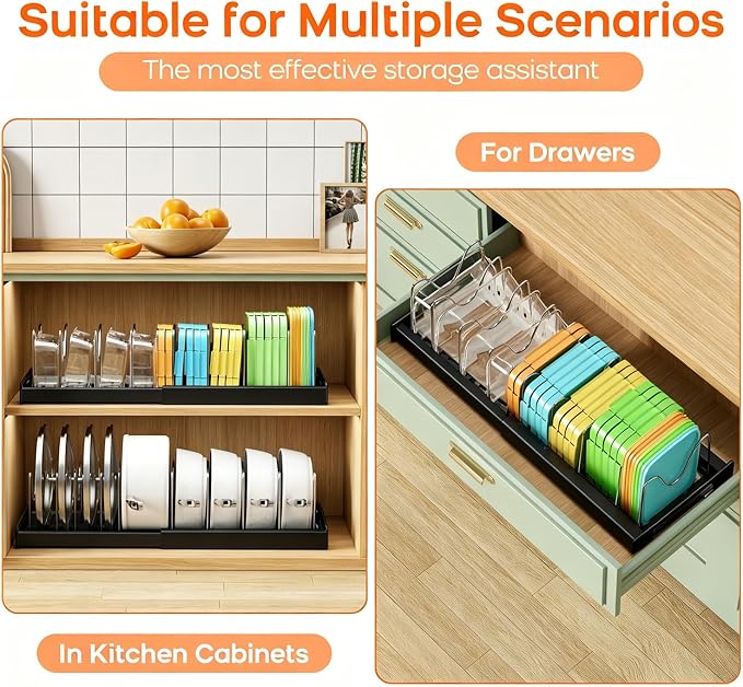 Nigelia 2 Pack Pots and Pans Organizer for Under Cabinet, 22" Expandable Food Storage Container Lid Organizers with 10 Adjustable Dividers Pot Lid Holders Rack Inside Cabinet&Kitchen Countertop(Black) - Image 3