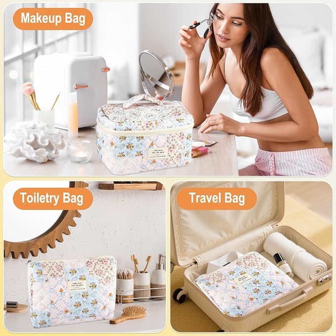 URSKYTOUS 3Pcs Cotton Quilted Makeup Bag for Women Girls Large Small Travel Floral Cosmetic Bags Set Cute Coquette Makeup Pouch for Purse Aesthetic Cloth Bee&Flower Storage Toiletry Bag Organizer - Image 4