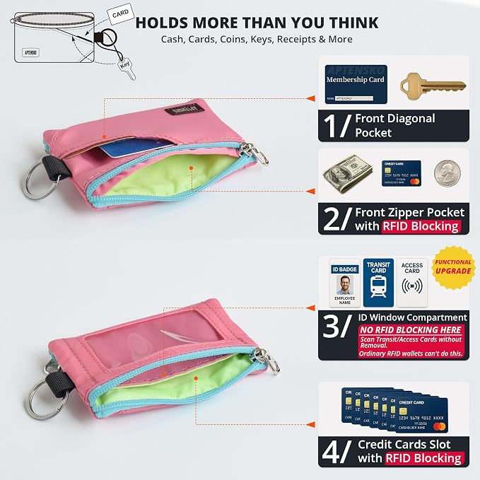 RFID Blocking Travel Wallet with Adjustable Lanyard, Small Nylon Zipper Pouch and Badge Holder for ID, Credit Cards, Cash, Keys, Commuters (Pink) - Image 6