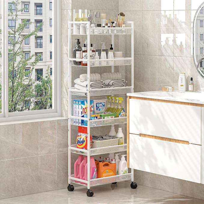 6 Tier Slim Rolling Storage Cart, Narrow Mobile Shelving Unit Organizer Utility Cart with Wheels, Metal Wire Storage Rack with Baskets for Kitchen, Bathroom, Laundry & Living Room, 10in(W) White - Image 6
