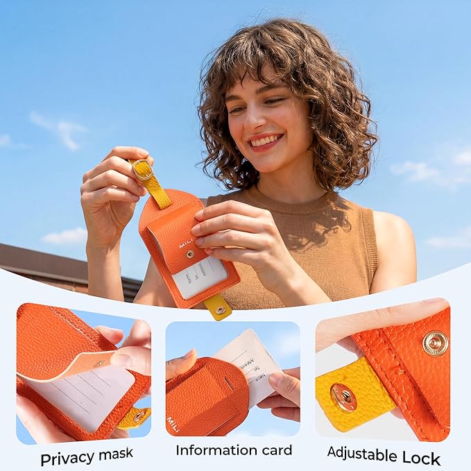 MiLi Smart Bluetooth Luggage Tracker Tag for iOS & Android | Works with Apple Find My & Google Find Hub, Anti-Lost Leather Travel Locator for Suitcase, Backpack & Gear, Orange - Image 3
