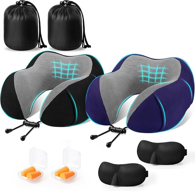 CloudBliss Memory Foam Travel Neck Pillow Airplane, 2 Pack, Black & Navy by CloudBliss