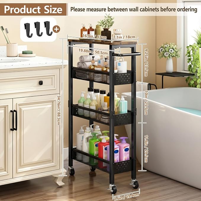 Slim Storage Cart with Wheels, 4 Tier Metal Rolling Organizer with Wood Top and Handle, Narrow Utility Shelf for Kitchen Bathroom Laundry Room, Black - Image 7