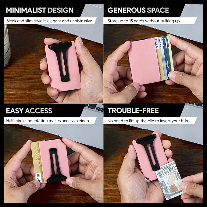 Minimalist Wallet for Men, Slim Metal RFID Blocking Wallet Credit Card Holder Money Clip & Cash Strap, Scratch-Resistant Holds 15 Cards,Ideal Gift for Men | Matte Pink - Image 5
