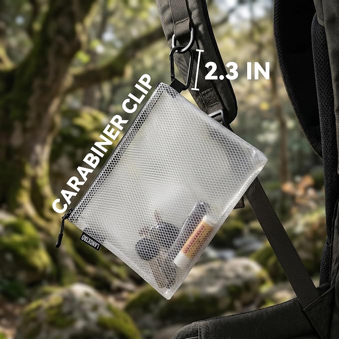 5 Pack Clear Zipper Pouches, Tool & Cable Organizer Waterproof Travel Pouch | Build In Carabiner Clip & Label Sticker, Waterproof Pouch, Mesh Zipper Pouch Bags, Tool Bag, Travel & Tech Pouch, Multi-Size - Image 2