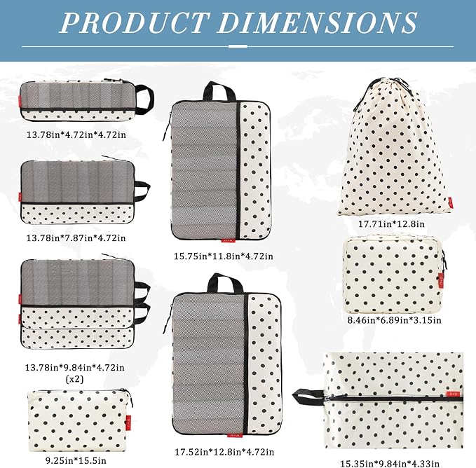 U+U 10 Set Compression Packing Cubes, Travel Organizers (Polka Dot) | Space-Saving & Complete Travel Set - Image 2