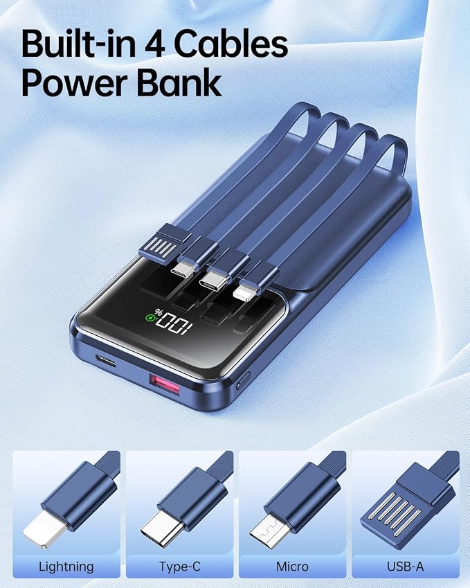 RONEGN Portable Charger with Built in Cable 20000mAh Fast Charging | Power Bank USB C Slim 22.5W LED Display Battery Pack 5 Outputs & 3 Inputs for Travel Essentials iPhone Samsung Phones Blue - Image 3
