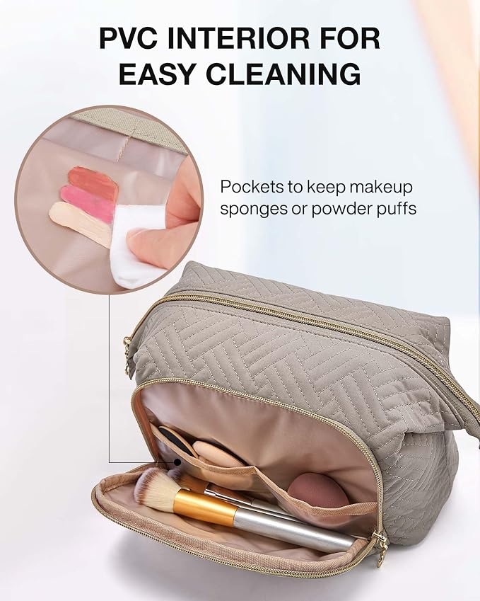 BAGSMART Travel Makeup Bag, Cosmetic Bag Small Make Up Organizer Case,Wide-open Pouch for Women Purse for Toiletries Accessories Brushes,Large Tranquil Gray - Image 3