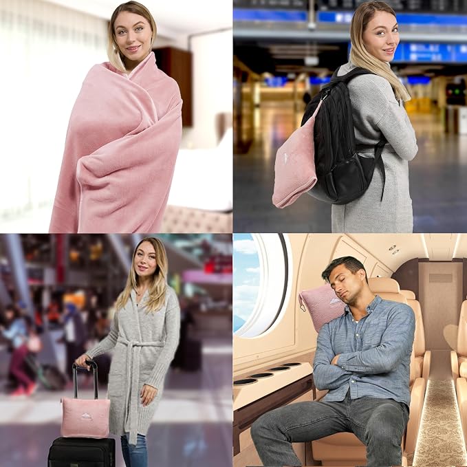 BlueHills Premium Soft Long Travel Blanket Pillow Combo – Dusty Rose Pink | Long 70x48 Travel Blanket Pillow 2 in 1, Soft Pillowcase, Backpack Clip, Compact & Portable, Large Throw Traveling Essentials - Image 3