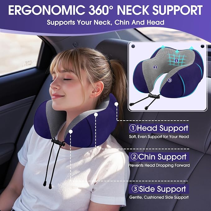 CloudBliss Neck Pillow for Airplanes, Memory Foam Travel Pillow, Navy | Compact Flight Pillow with Eye Mask, Earplugs, Carry Bag, Travel Neck Pillow for Long Flight Sleep, Plane Travel Essentials - Image 2