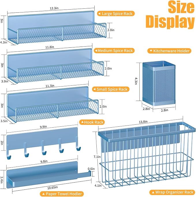 Magnetic Spice Rack for Refrigerator, 7 Pack Metal Magnetic Shelf, Moveable Magnetic Storage Fridge Organizer, Spice Organizer, Hook Rack, Paper Towel Holder, Utensils and Cutting Board Holder, Blue - Image 2