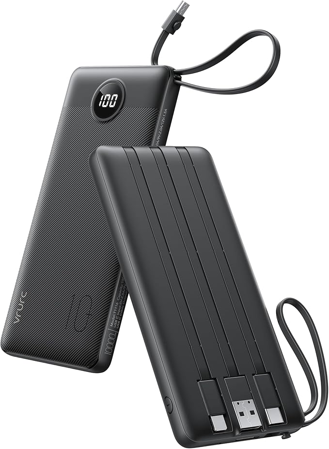 VRURC Portable Charger, Built-in 4 Cables Slim Power Bank 10000mAh, USB C Charging Bank with LED Display, Compact Travel Battery Pack with 5 Outputs for Multi Devices, Android-Black(1 Pack) by Home