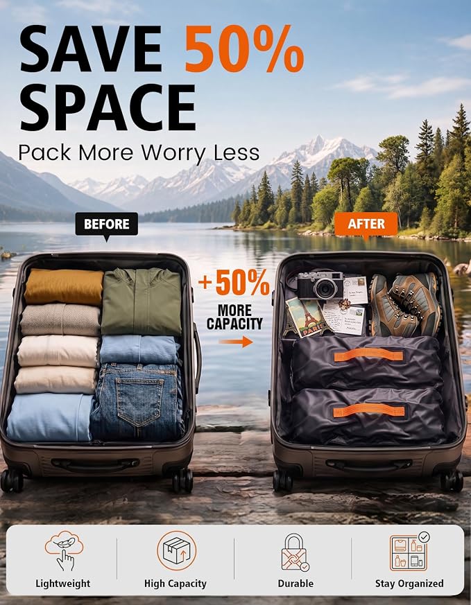Vacuum Travel Bags with Pump, 2 Pack 34L Space Saver Vacuum Compression Bags for Travel Luggage Suitcase Backpack, Waterproof & Reusable Vacuum Packing Cubes for Clothing（2Pcs+Pump) - Image 2