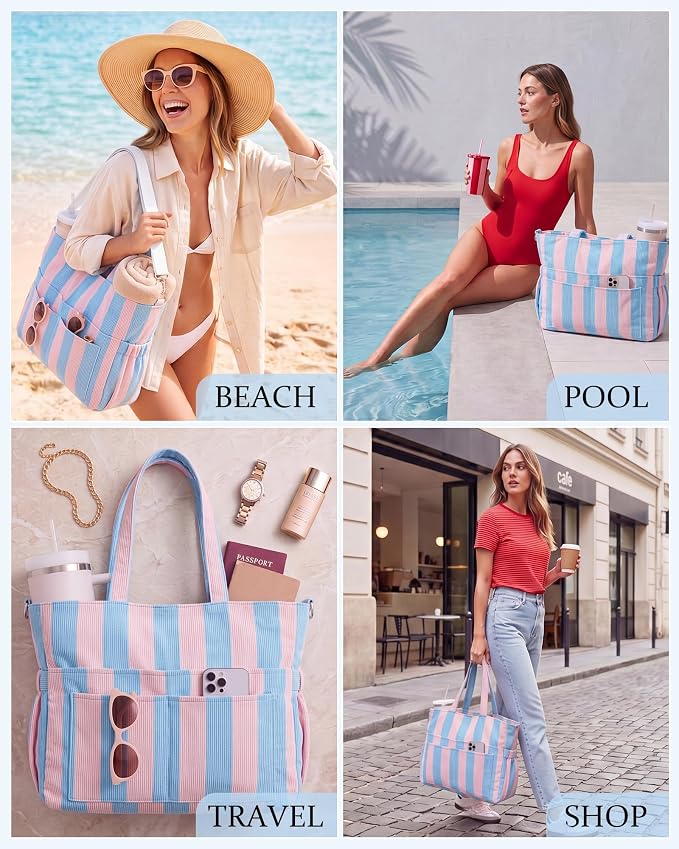 Kacctyen Striped Beach Tote Bag for Women Large Beach Foldable Tote Bag with Zipper Pockets for Travel Pool - Image 7