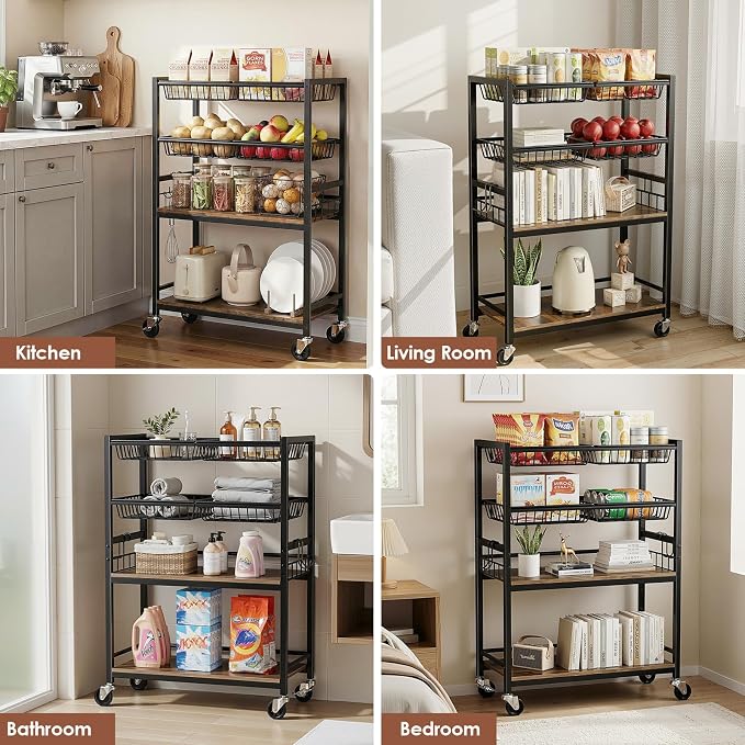 Fruit Vegetable Storage Cart, 4 Detachable Basket | 4-Tier Kitchen Rolling Storage Cart, Fruit & Vegetables Stand, Snack Organizer for Kitchen, Bathroom, Living Room - Image 8