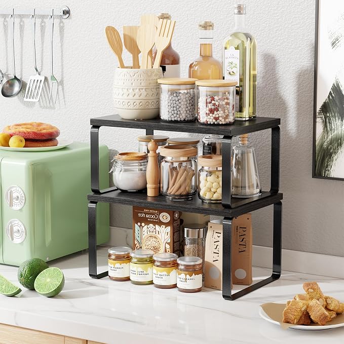 Simple Trending Cabinet Organizer Shelf, Set of 2 Stackable Kitchen Counter Shelves, Expandable Spice Rack Kitchen Storage Riser, Metal Engineered Wood, Black - Image 8
