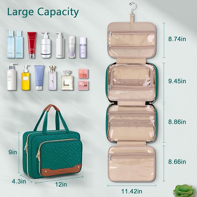 Toiletry Bag for Women, Hanging Travel Toiletry Bag with Jewelry Organizer Compartment Large Makeup Bag, PVC Waterproof Cosmetic Travel Bag Trips Camping Bathroom, Green+Brown - Image 4