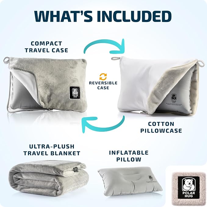 Travel Blanket and Pillow Set — Airplane Blanket with Inflatable Pillow and Cotton Pillowcase, Travel Blanket Combo with Back-Neck Snaps for Long Flights - Image 4