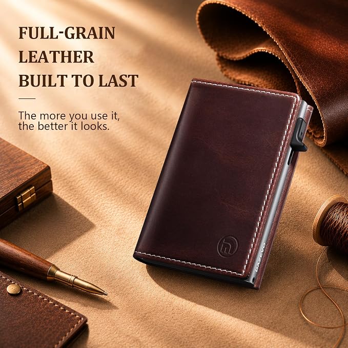 Minimalist Wallet for Men,Full Grain Leather RFID Blocking Wallet with 2 ID Windows，Trifold Pop Up Credit Card Holder Wallet 9-11 Cards Slim Genuine Leather Wallet ，Gifts for Men - Image 2