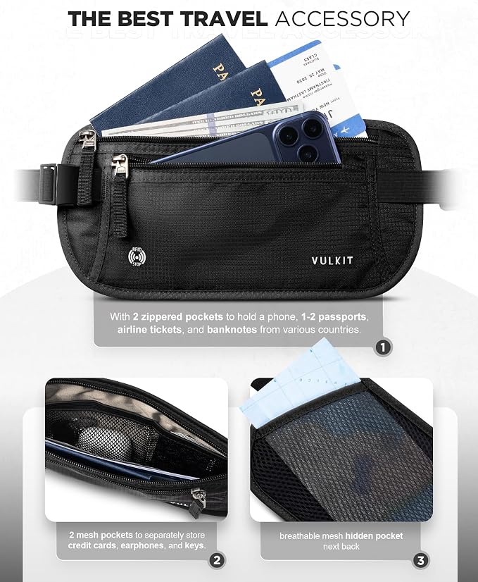 VULKIT Money Belt for Travel, Hidden Passport Holder, Anti-Theft Travel Wallet Under Clothes, RFID Blocking Waist Pouch, Undercover Fanny Pack, Carbon Black - Image 3