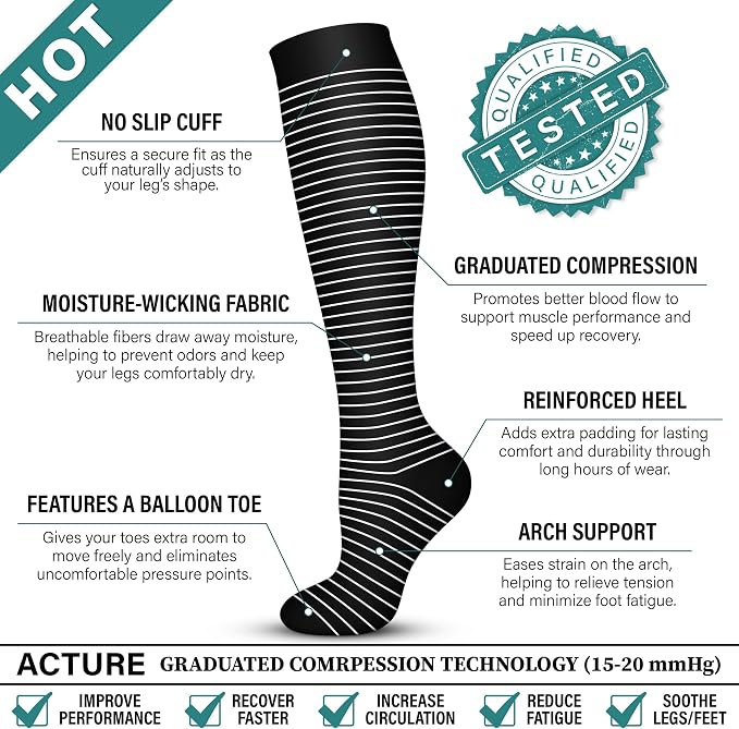 Acture 6 Pack Compression Socks for Women and Men - Knee High for Medical, Running, Nurses, Travel - Image 6