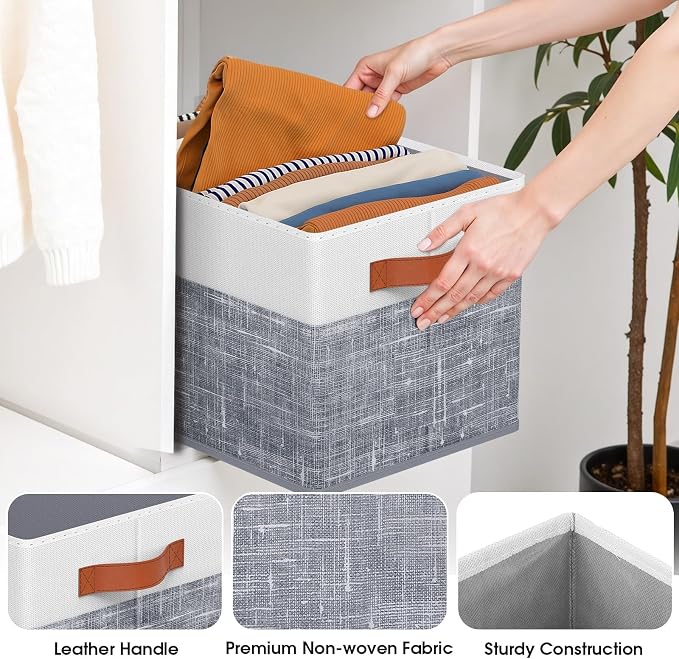 Collapsible Storage Baskets for Shelves,14"x10", 8 Pack Foldable Fabric Storage Bins with Double Leather Handles, Large Baskets for Organizing Books, Clothes, White & Grey - Image 3