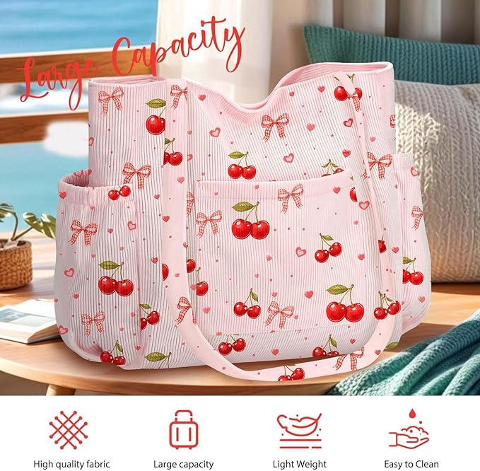 Corduroy Tote Bag for Women,Large Capacity Cute Tote Bags With 6 Pockets,Crossbody Shoulder Handbag for Work Travel Gym - Image 4