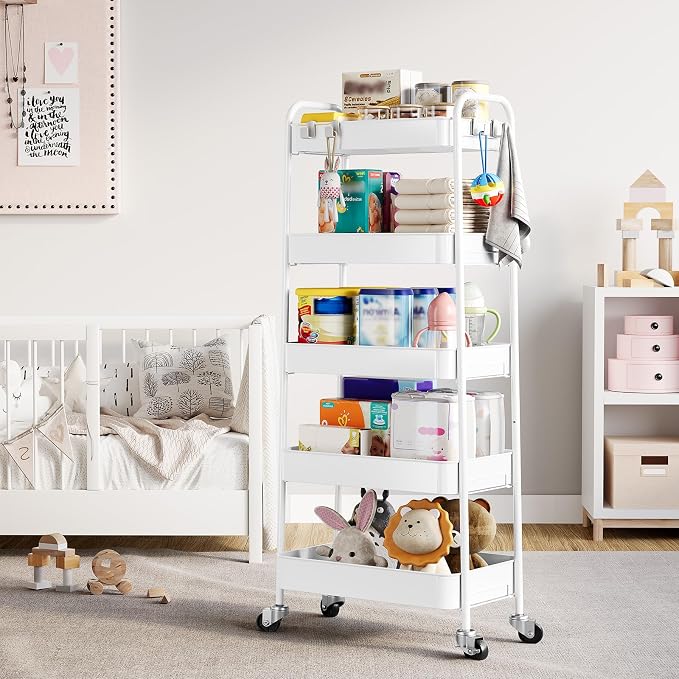 TOOLF 5-Tier Metal Rolling Cart with Wheels, Storage Utility Organizer Cart for Kitchen, Bathroom, Office, Baby Essentials & Makeup - Lockable Casters, Easy Assembly, Large Capacity, White - Image 8