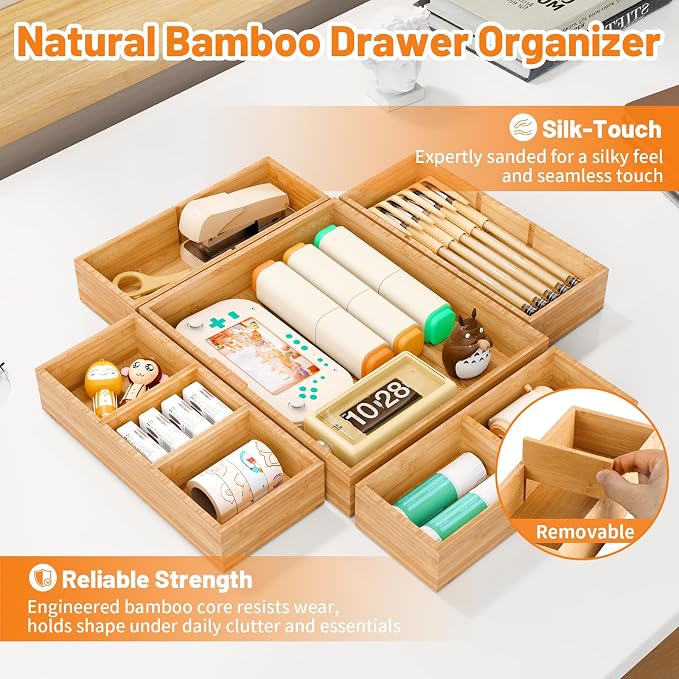 Bamboo Drawer Organizer, 10-Piece Stackable Trays with Removable Dividers | Junk drawer organizer, assorted tray sizes, 10-22 customizable compartments, nestable, kitchen utensils, bathroom, office - Image 3