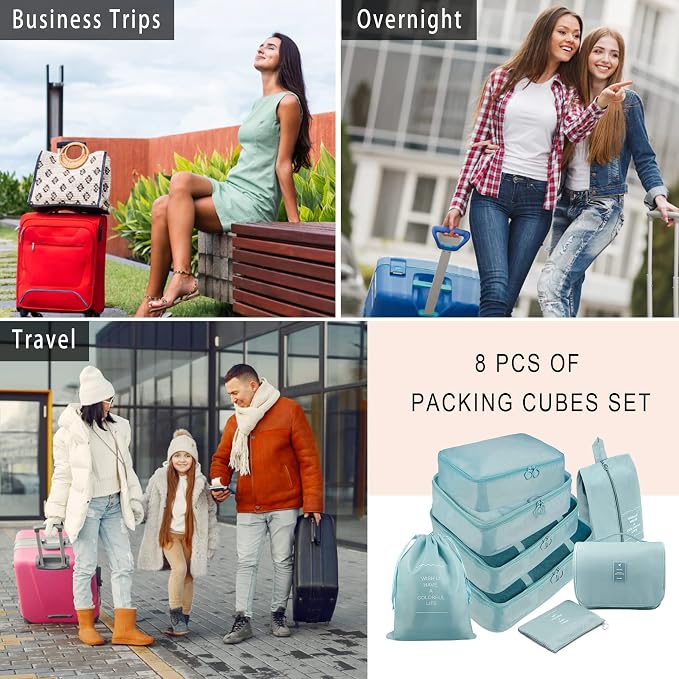 Packing Cubes, 8 Pcs Travel Packing Organizers for Suitcases, Large Capacity Travel Luggage Organizers Set includes 8 Storage Bags, (Light Blue) - Image 7