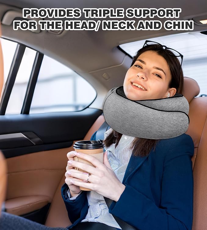 Travel Neck Pillow, Newly Upgraded Hooded Neck Pillow , 100% Pure Memory Foam Travel Pillow for Flight Headrest Sleep,Portable Aircraft Accessory,Suitable for use in Plane/Car/Office(Light grey) - Image 7