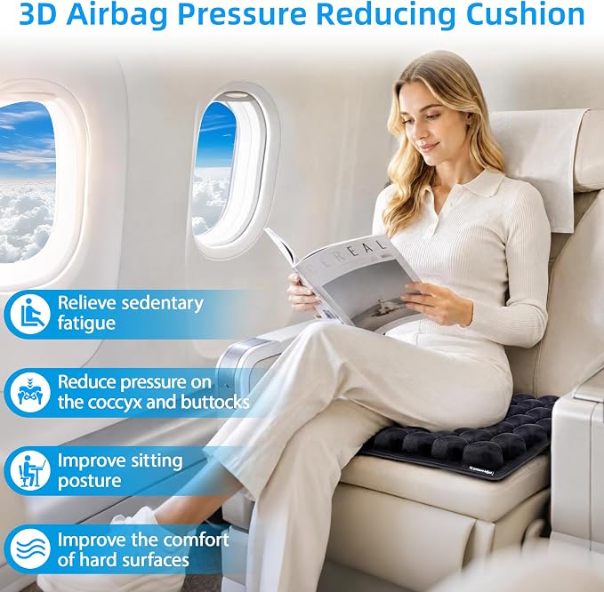 Sodurue Travel Cushion, Airplane Seat Cushion for Long Flights | Built in Inflatable Air Pump, Inflatable Seat Cushion for Car,Office,Stadium,etc, Ergonomic, 36 Pressure Relief Airbags - Image 2