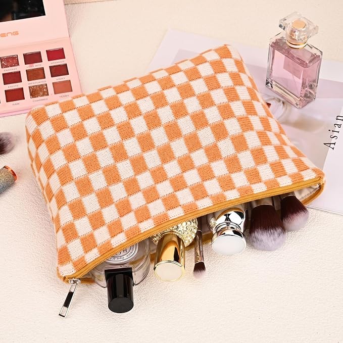 SOIDRAM 2 Pieces Makeup Bag Large Checkered Cosmetic Bag Capacity Canvas Mix Travel Toiletry Bag Organizer Cute Makeup Brushes Aesthetic Accessories Storage Bag for Women, Yellow checkered - Image 6
