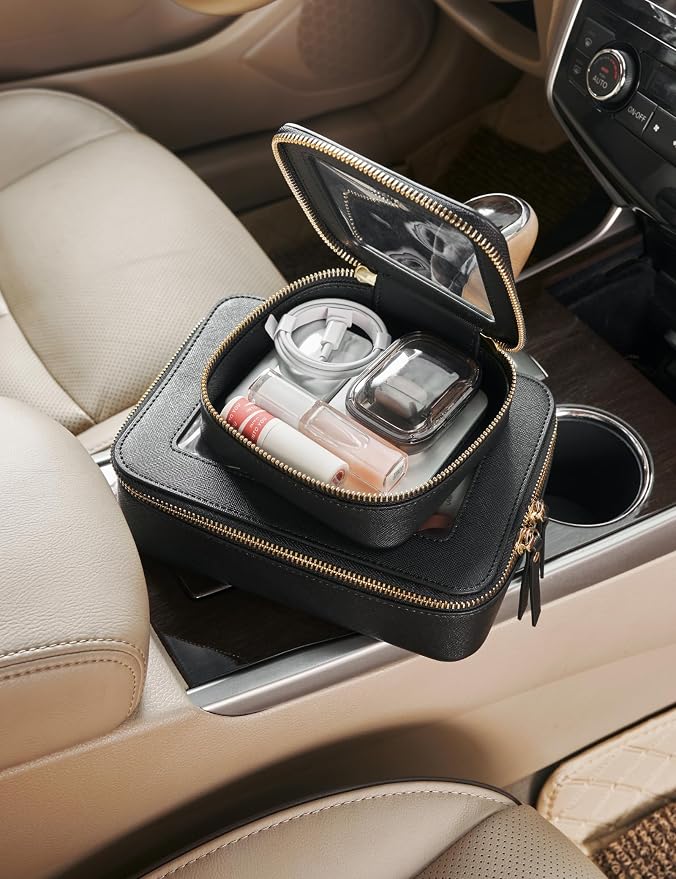 Clear Makeup Bag with Zipper, Set of 2, Mini and Medium, Black | Clear Travel Bags for Toiletries, Structured Cosmetic Case for Women, Waterproof PU Leather, Wide Open Portable Car Organier - Image 3