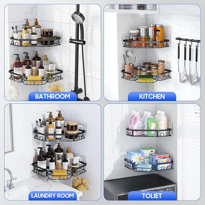 Corner Shower Caddy, Rustproof Shower Organizer with Soap Holder and 8 Hooks, No Drilling Adhesive Shower Shelves for Inside Shower, Large Capacity Shower Rack for Bathroom Shower Storage, Black - Image 8