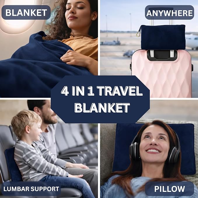 Travel Blanket and Pillow Compact – 4-in-1 Soft Fleece Airplane Blanket with Bag Pillowcase, Neck Pillow, Eye Mask & Earplugs, Lightweight Portable Flight Blanket 60"x43" (Navy) - Image 2