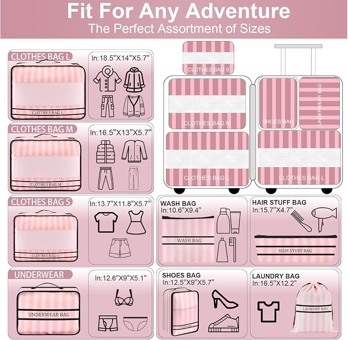 9 Set Packing Cubes Luggage Packing Organizers for Travel Accessories Space Saving Travel Bags for Carry On, Lightweight Mesh Zipper, Clothes, Shoes and Laundry Bag, Suitcases (Pink Streak) - Image 3