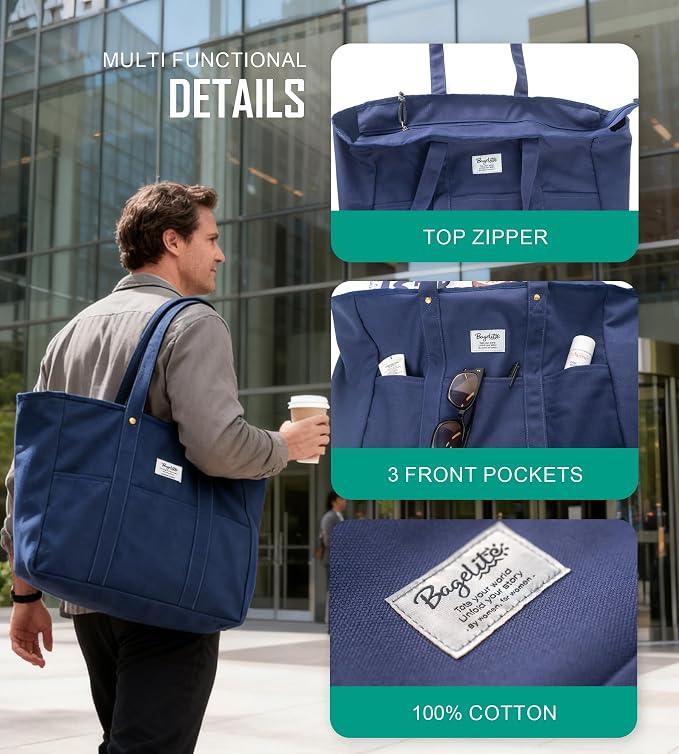 Bagelite Extra Large Canvas Tote for Women Men, Utility Work Bag with Zipper - Image 3