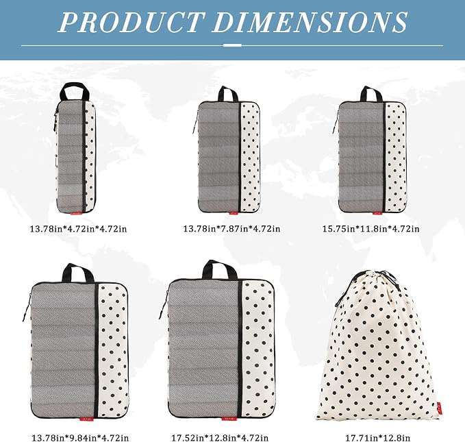 U+U 6 Set Compression Packing Cubes, Travel Organizers (Polka Dot) | Space-Saving & Drawstring Bag Included - Image 3