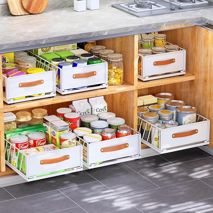 4Pack Pull out Cabinet Organizer,Heavy Duty Slide out Pantry Shelves Drawer Storage with Adhesive Nano Film,Sliding Mesh Basket with Handle for Kitchen, Bathroom, Home, 11.8W" X 15.7"D X 6.2"H,White - Image 9