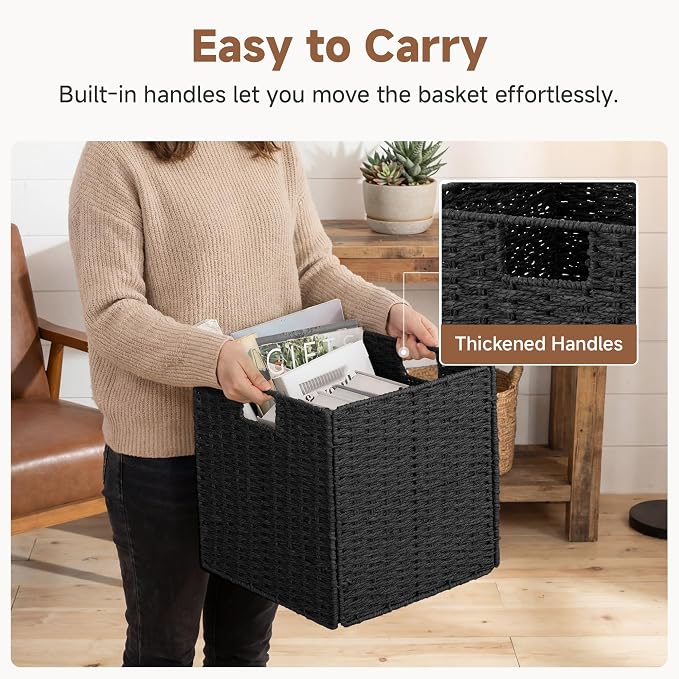 StorageWorks 13 inch Black Wicker Baskets for Storage,Foldable Black Basket | 2-Pack, Handwoven Wicker Storage Baskets for Organizing, Square Storage Cubes, Black Storage Bins, Paper Rope Square Baskets - Image 3