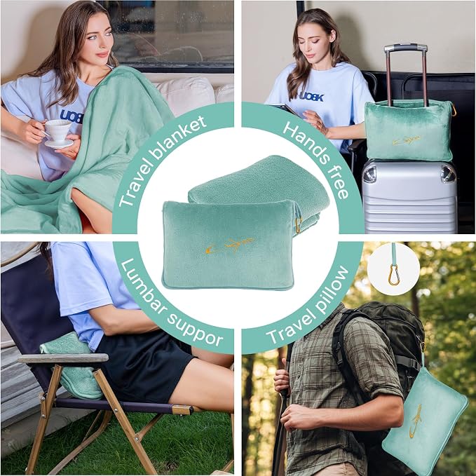 Travel Blanket & Pillow Set, 300 GSM Soft Fleece, 60x43 Inches, 3-in-1 Airplane Blanket, Travel Pillow and Blanket Set, Travel Blanket Airplane Compact with Bag, Travel Essentials,Mint Green - Image 3