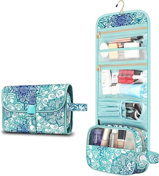 FINTIE Portable Toiletry Cosmetic Travel Bag Hanging Makeup Organizer | Large Water Resistant Storage Pouch Case, For Women Girls, Emerald Illusions - Image 7