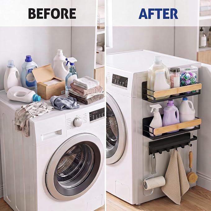 Bamboo 3 Pack Magnetic Shelves for Washing Machine, Black Bamboo | Magnetic Laundry Shelf, Laundry Room Organization, Heavy-duty Storage for Kitchen Refrigerator, Detergent Holder with Hooks - Image 2