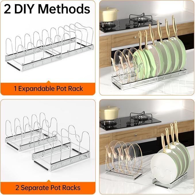 MUDEELA Expandable Pot Pan Lid Organizers inside Cabinet, 10 Divider-Silver | Expandable 11.8–22.9", 10 Adjustable Divider, Tool-Free Assembly, Non-Slip, Scratch-Proof, For Pan Lid Cutting Board Bakeware - Image 5