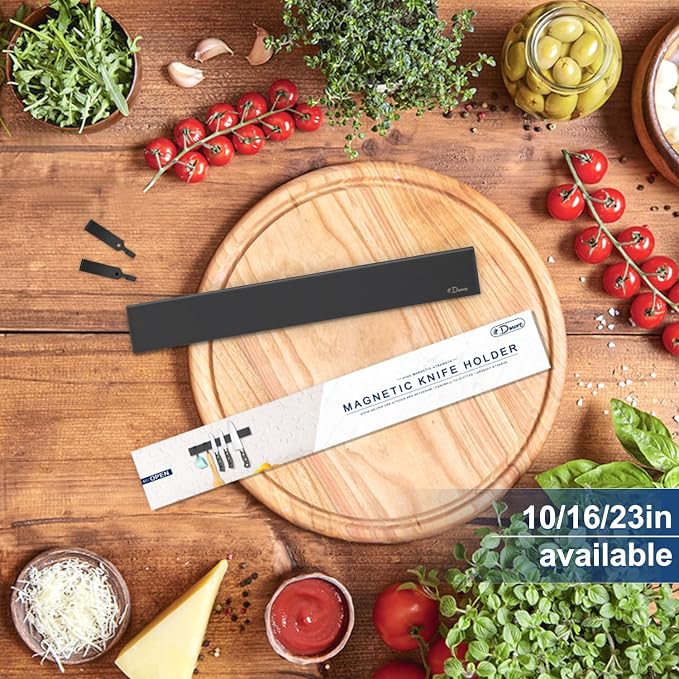 Dmore magnetic knife holder for wall—with 2 hooks, No Drilling 10 Inch black knife magnetic strip, Powerful knife magnet rack, include Adhesive Tape and screws for Knives, Utensils, and Tools - Image 2