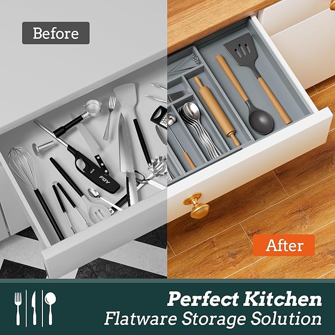 Magnetic Expandable Silverware Drawer Organizer, 13 Slots Utensil Gray | Magnetic Connected, Expandable 21-37.4 Inch, 13 Divided Slots, Gray Cutlery Utensil Organize Kitchen - Image 7